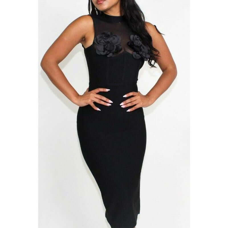 Elegant Floral Detail Mesh Bodycon Dress