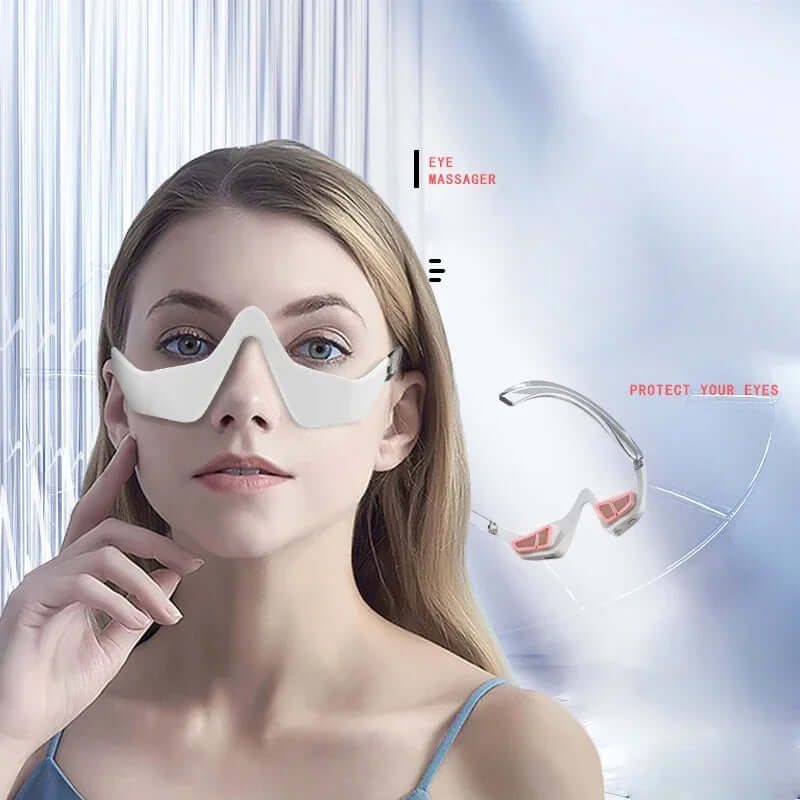 Woman wearing a 3D red light eye massager glasses designed for reducing dark circles and eye fatigue.