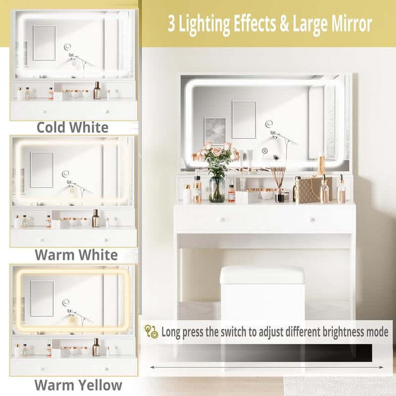 Vanity Desk with LED Lighted Mirror & Power Outlet, Makeup Vanities Table with 4 ,Storage Bench,For Bedroom White Large Drawer Mode Adjustable Brightness Bedroom Vanity