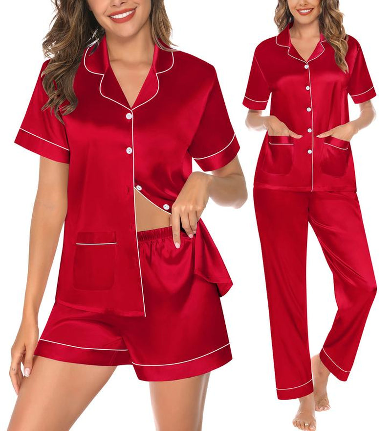 SWOMOG 3 Piece Pajama Set for Women Silk Satin Pjs Short Sleeve Sleepwear Button down Loungewear with 2 Pockets Bridal Check Elegant