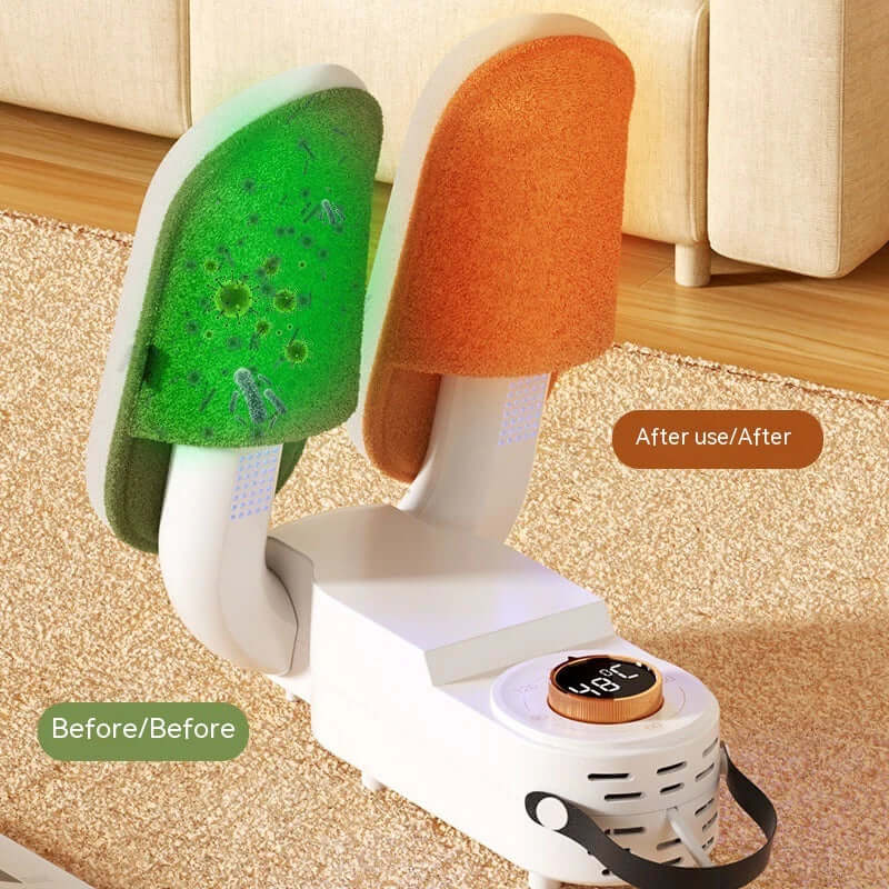 Household Shoes Dryer Smart Purple Light Dehumidification with green and orange indicator before and after use.