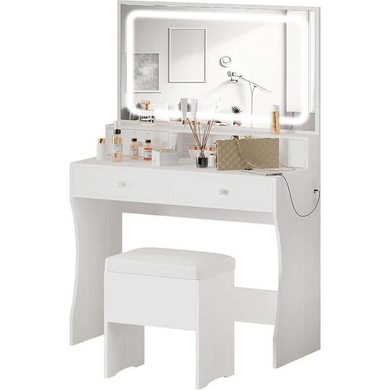 Vanity Desk with LED Lighted Mirror & Power Outlet, Makeup Vanities Table with 4 ,Storage Bench,For Bedroom White Large Drawer Mode Adjustable Brightness Bedroom Vanity