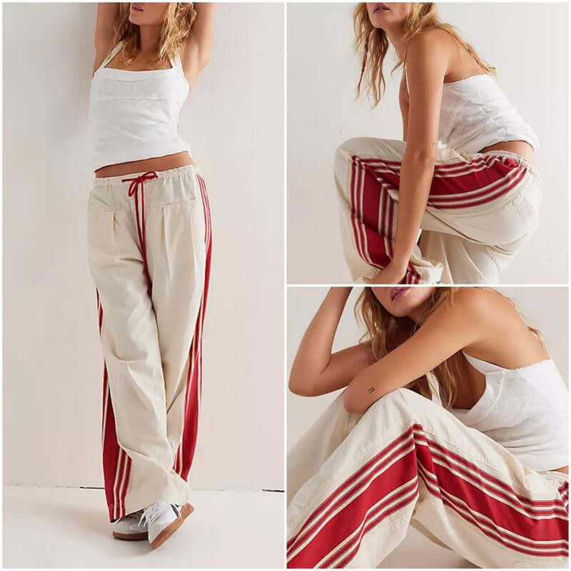 Yeokou Women'S Wide Leg Pants Drawstring High Rise Side Striped Slouchy Palazzo Pants with Pockets