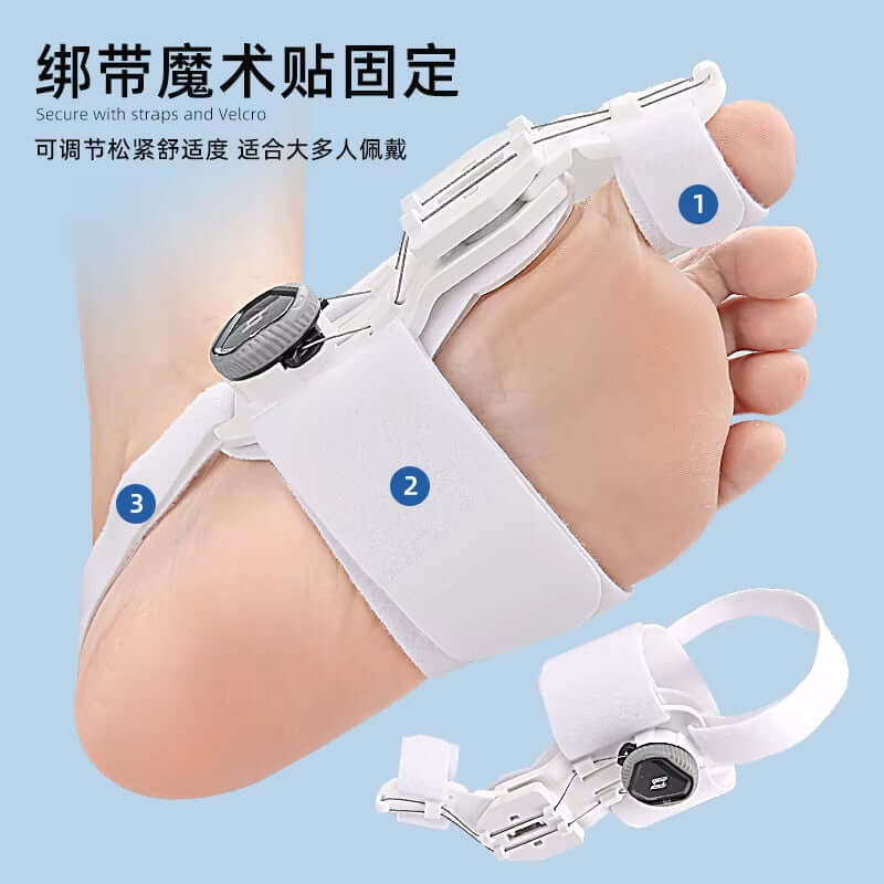 Unisex bunion corrector brace with adjustable straps and rotatable toe separator for foot care.