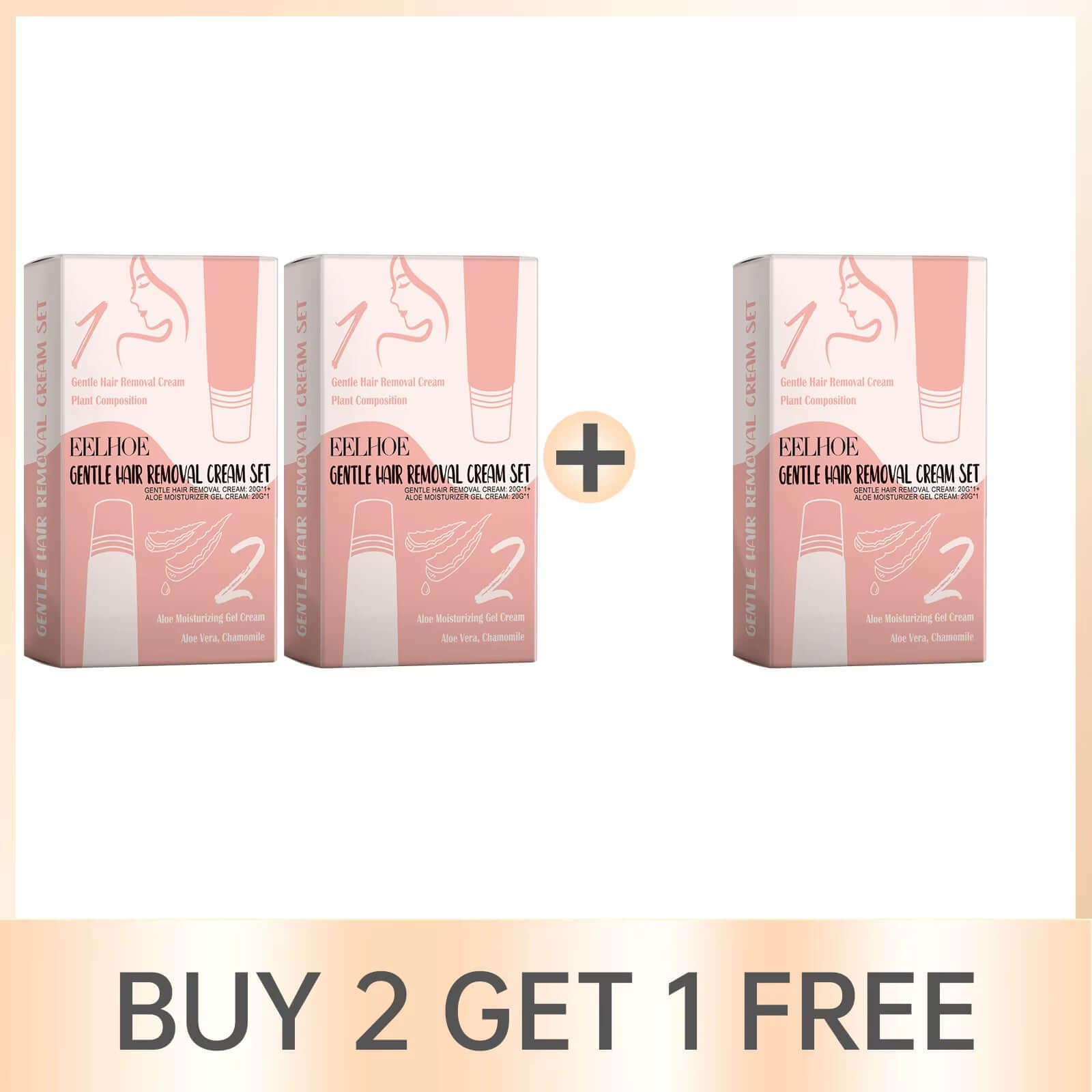 EELHOE Gentle Hair Removal Cream Set promotion, featuring 2 cream boxes with a 'Buy 2 Get 1 Free' offer.