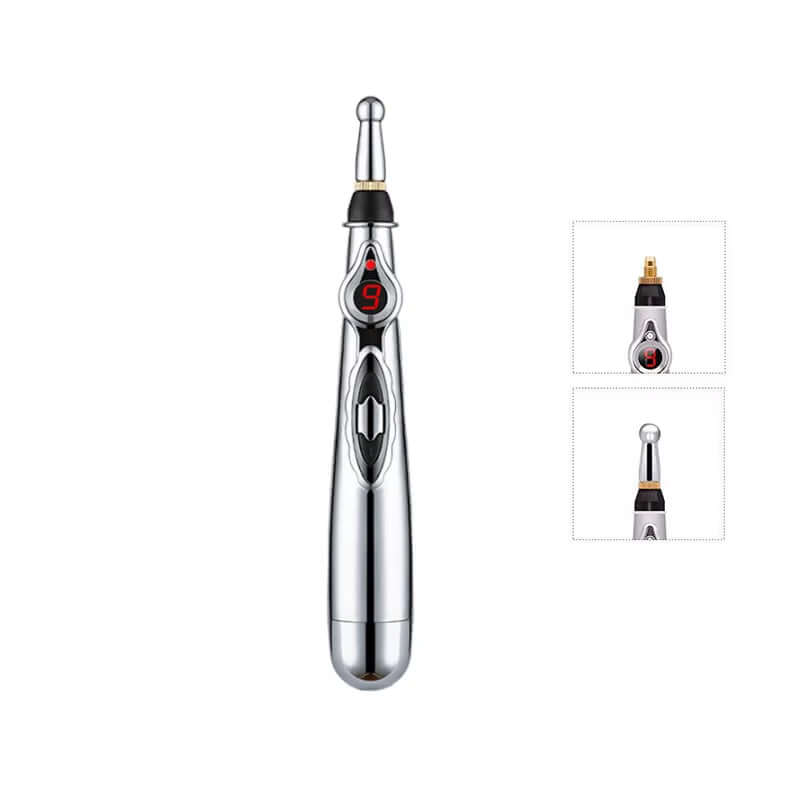 Electronic acupuncture pen with adjustable settings and massage heads for effective acupressure and energy therapy.