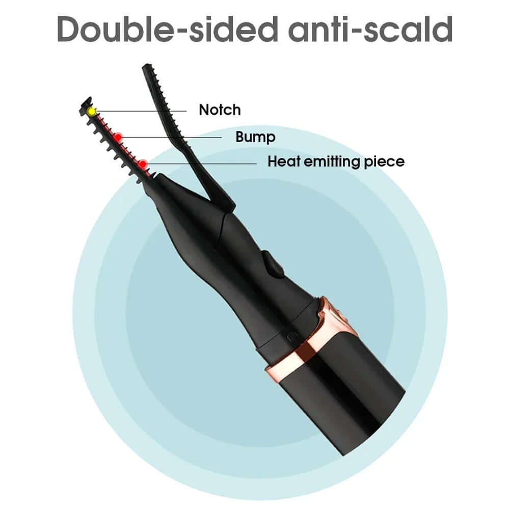 Close-up of the double-sided anti-scald design of a heated eyelash curler showcasing safety features.