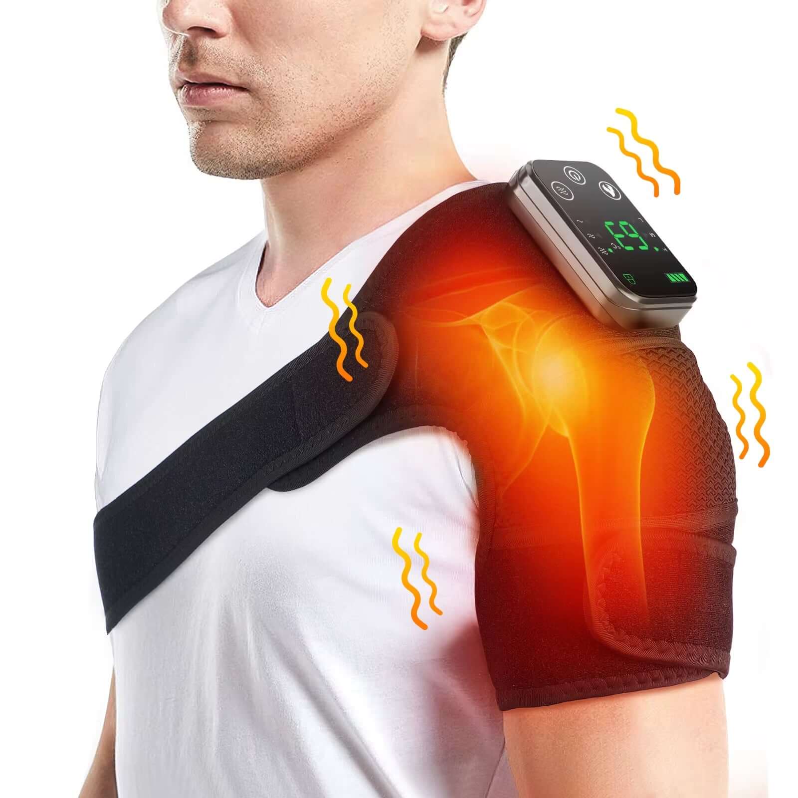 Man using electric heated shoulder pad for pain relief with vibration and heat therapy features.