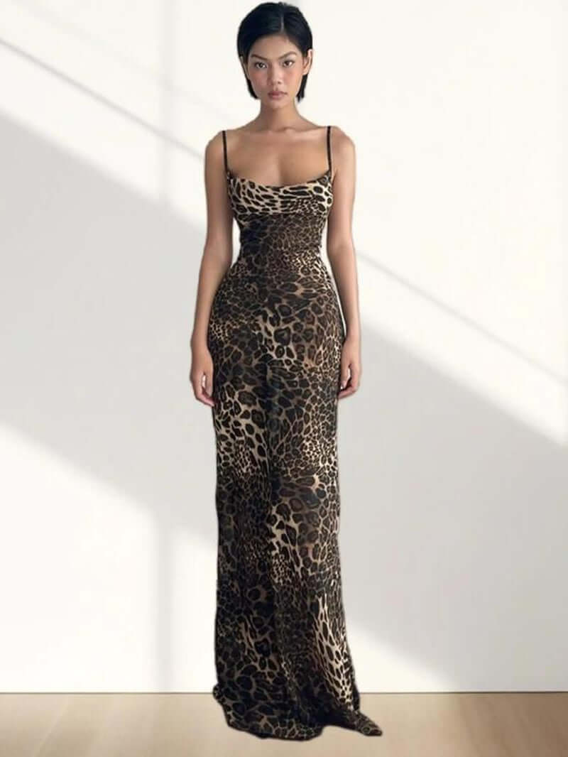 Backless leopard print halter mermaid dress, perfect for summer parties and elegant occasions.