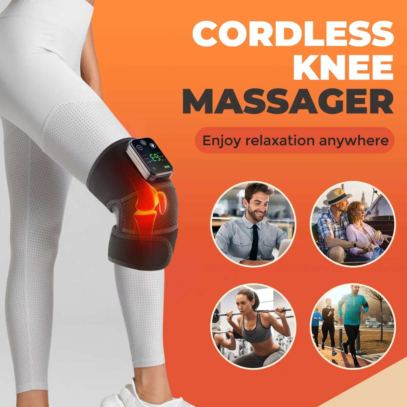 Cordless knee massager promoting relaxation anywhere with multiple users engaged in various activities.