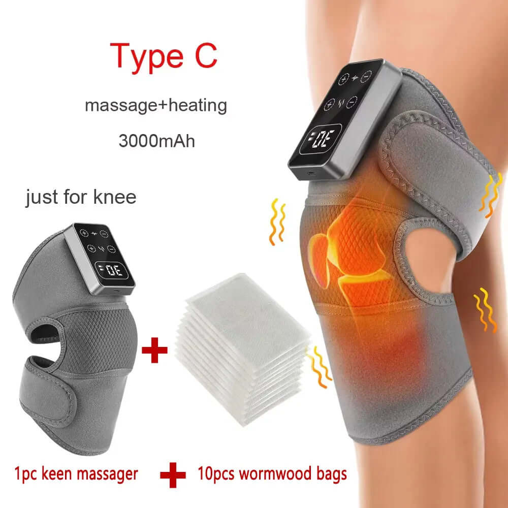 Type C electric heated knee massager with heating and massage features, 3000mAh battery, includes wormwood bags.