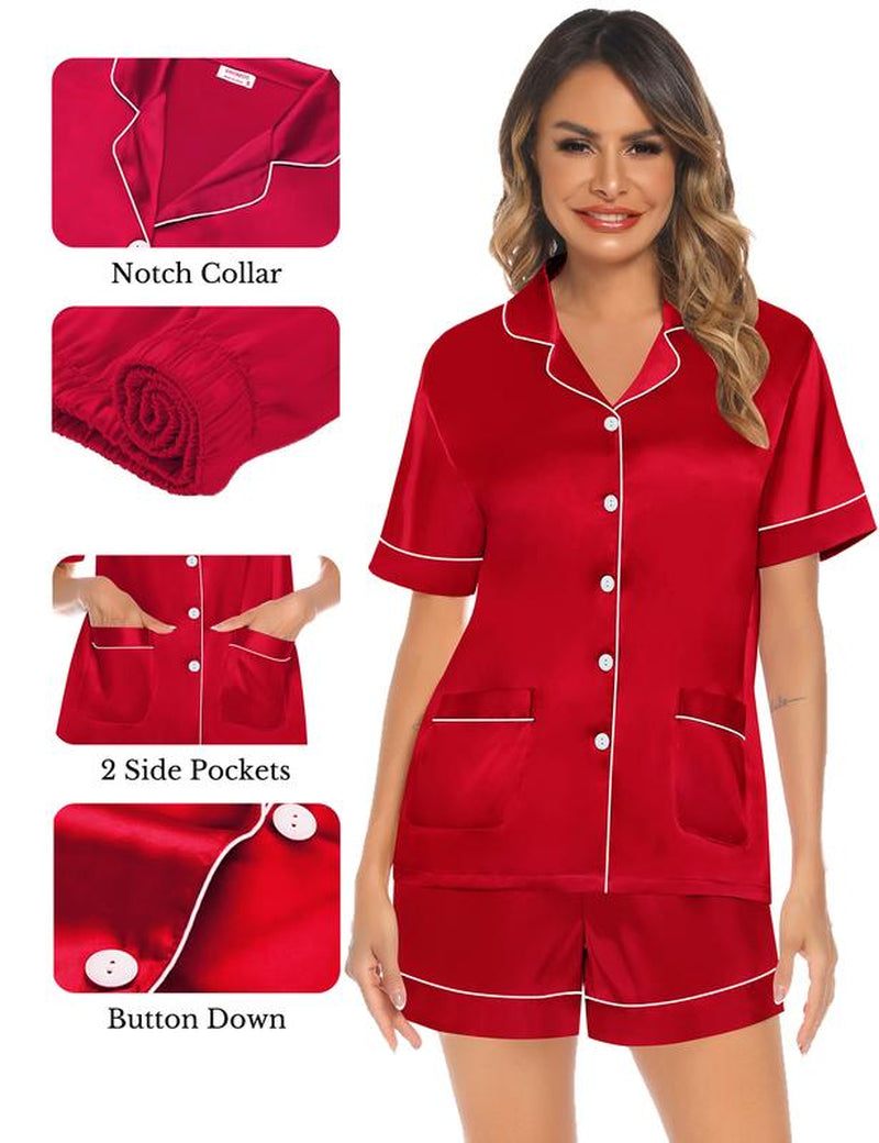 SWOMOG 3 Piece Pajama Set for Women Silk Satin Pjs Short Sleeve Sleepwear Button down Loungewear with 2 Pockets Bridal Check Elegant