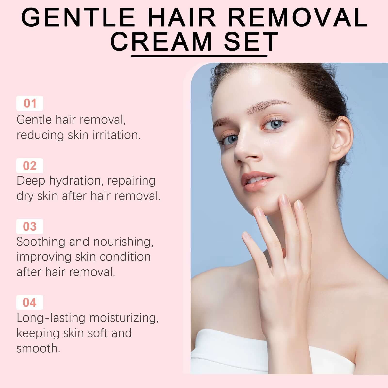 Gentle Hair Removal Cream Set with soothing benefits, deep hydration, and long-lasting moisturizing for smooth skin.