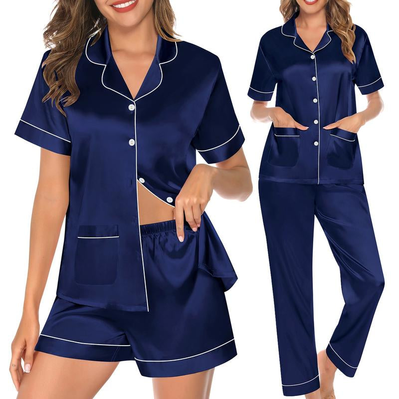 SWOMOG 3 Piece Pajama Set for Women Silk Satin Pjs Short Sleeve Sleepwear Button down Loungewear with 2 Pockets Bridal Check Elegant