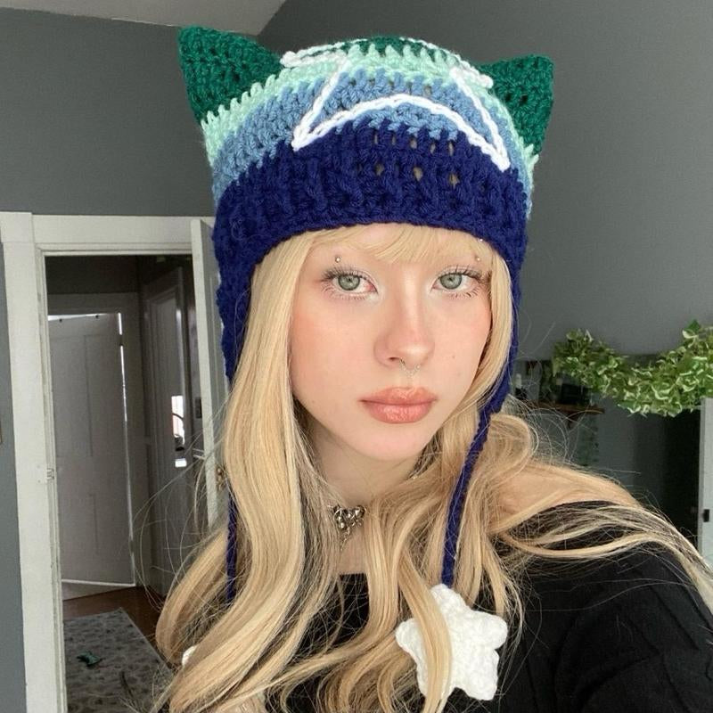 Pride Collection Cat Ear Flap Hat with Stars Crochet Handmade Knitted Beanie Lgbtq+ Flags Inspired