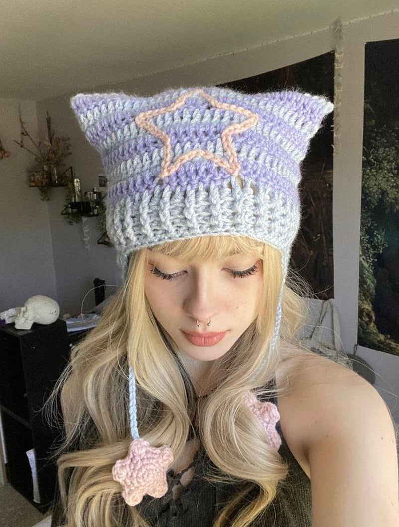 Pride Collection Cat Ear Flap Hat with Stars Crochet Handmade Knitted Beanie Lgbtq+ Flags Inspired