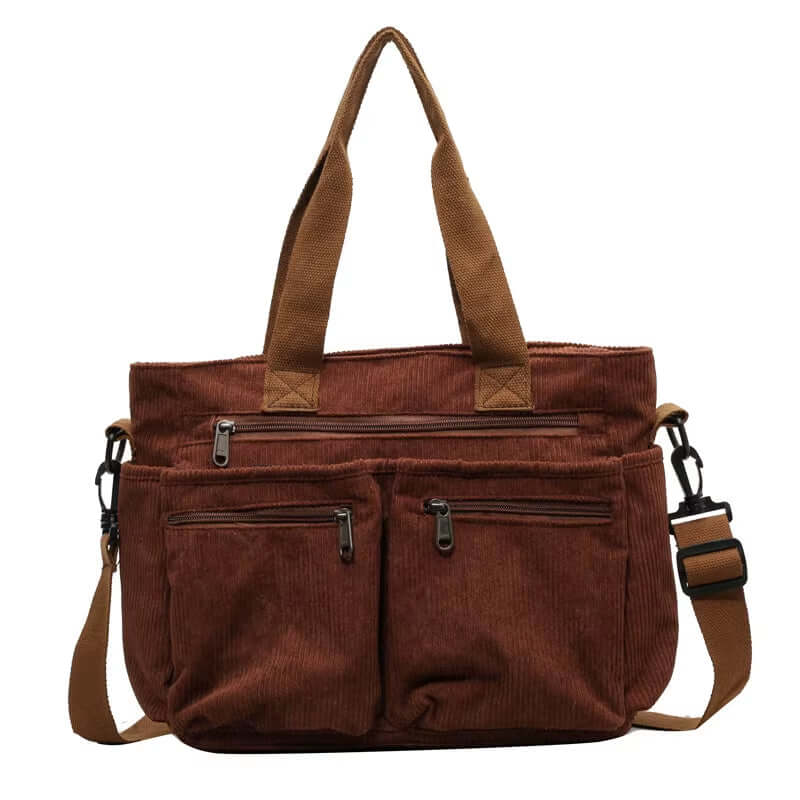 Large capacity corduroy tote bag in brown for women, featuring shoulder and crossbody straps, perfect for commuters.