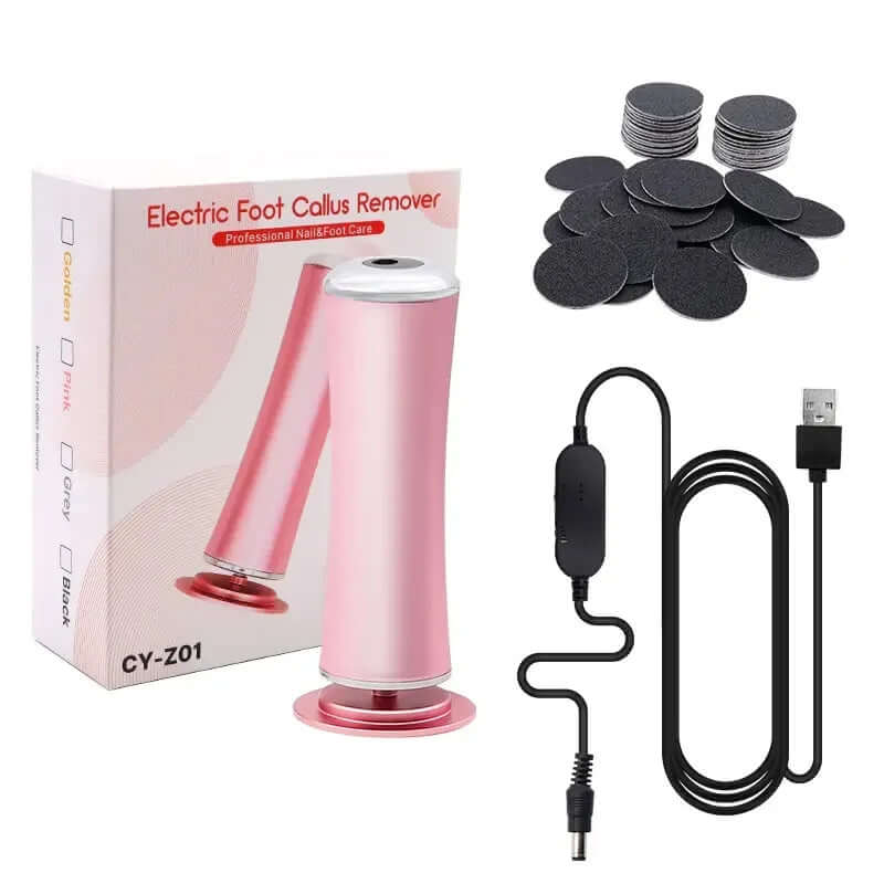USB electric foot grinder with box and accessories for smooth skin exfoliation and callus removal.