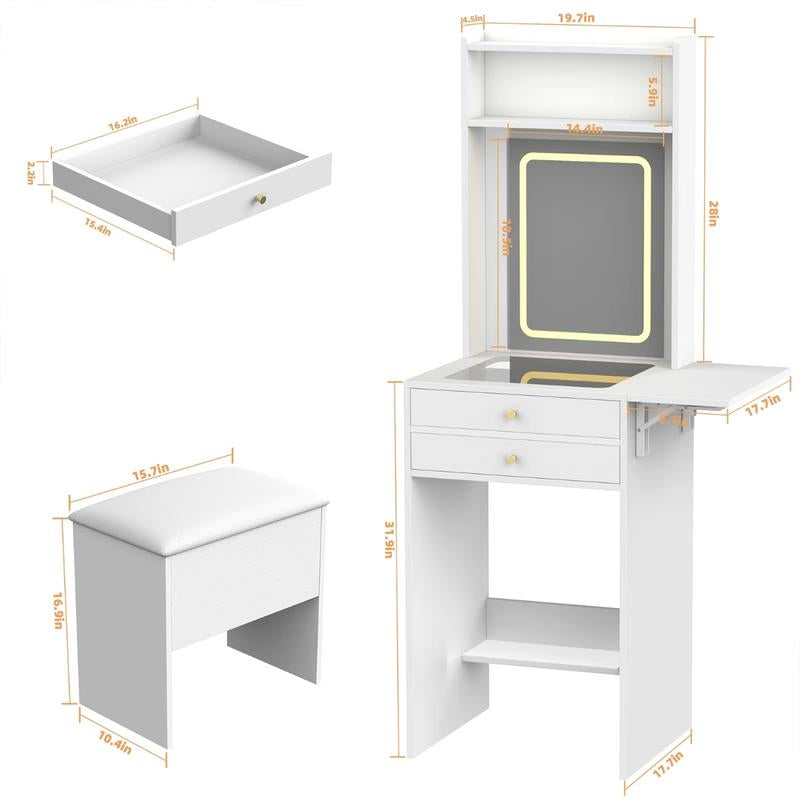 [Bellemave]Small Vanity Desk Set with 3 Adjustablelighted Mirror and Storage Chair, Makeupvanity Table for Small Space, White Dressingtable with Fold-Up Panel for Bedroom