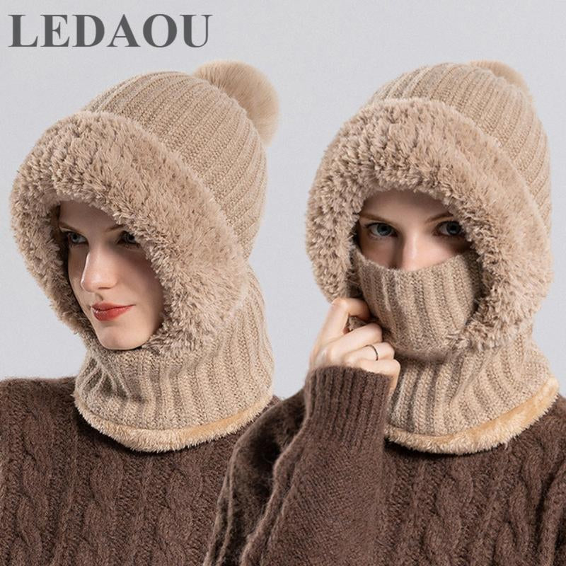 Women'S Knitted Hat in Autumn and Winter, Cold Resistant Hat, Thickened with Fleece, Scarf Mask, One-Piece Warm Hat, Outdoor Cycling Hat