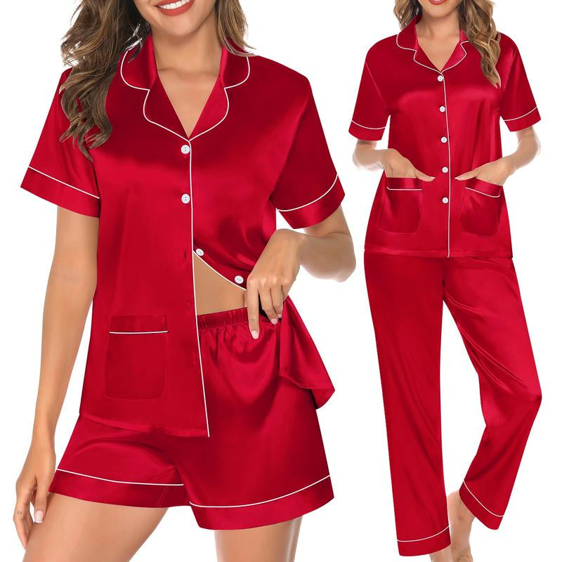 SWOMOG 3 Piece Pajama Set for Women Silk Satin Pjs Short Sleeve Sleepwear Button down Loungewear with 2 Pockets Bridal Check Elegant