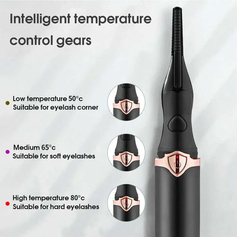 2-in-1 portable heated eyelash curler with intelligent temperature control settings for all eyelash types.