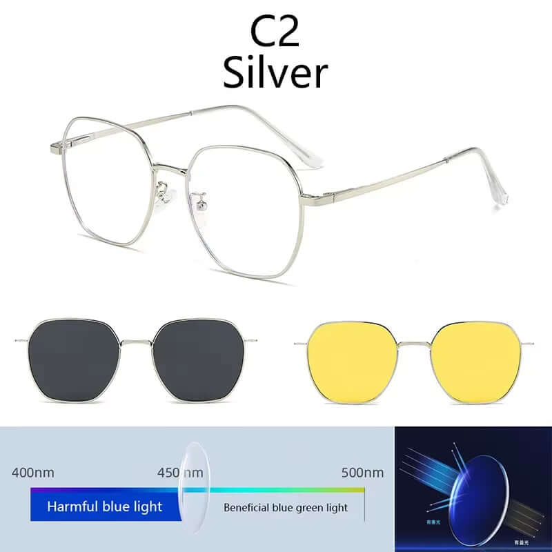 2024 Polarized Sunglasses Men Women 3 in 1 Magnetic Clip on Glasses Hexagon Alloy Frame Night Vision Anti-Blue Light Eyeglass