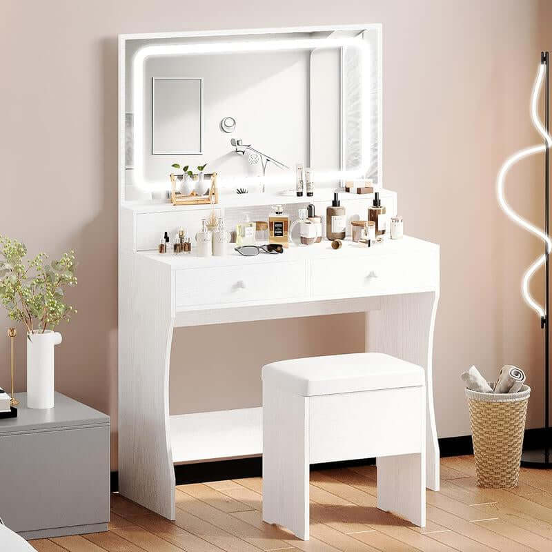 Vanity Desk with LED Lighted Mirror & Power Outlet, Makeup Vanities Table with 4 ,Storage Bench,For Bedroom White Large Drawer Mode Adjustable Brightness Bedroom Vanity