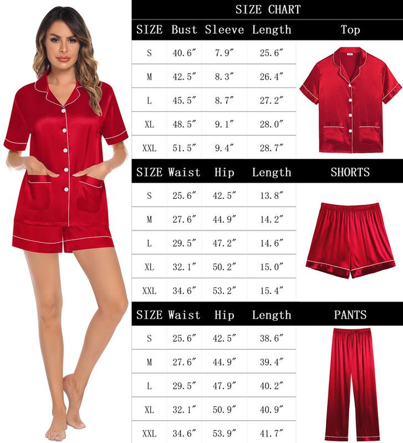 SWOMOG 3 Piece Pajama Set for Women Silk Satin Pjs Short Sleeve Sleepwear Button down Loungewear with 2 Pockets Bridal Check Elegant