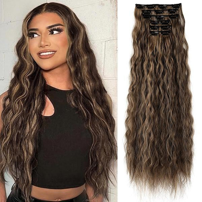 REECHO Clip in Long Wavy Synthetic Hair Extension 24 Inch 6PCS Balayage Black Thick Hairpieces Natural Soft Synthetic Fiber Double Weft for Women80