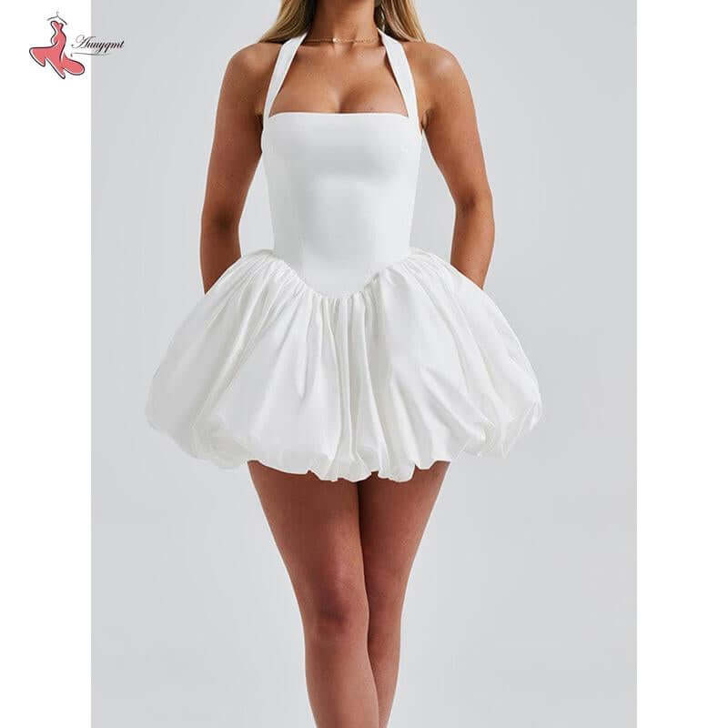 Women sleeveless halter dress in white with bubble hem, perfect for summer, beach parties, and streetwear.