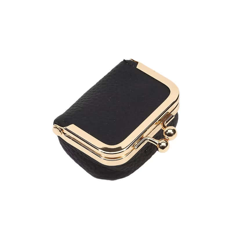 Small black PU leather kiss lock coin wallet with gold clasp closure for jewelry storage.