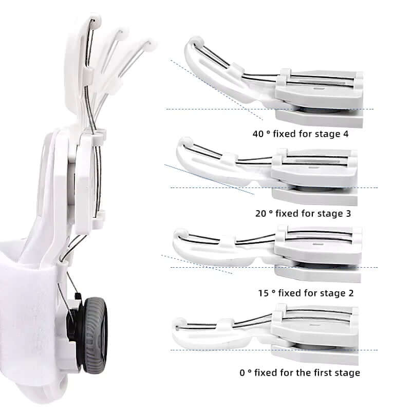 Adjustable bunion corrector with rotatable toe separators for customizable fit, showing different angle settings.