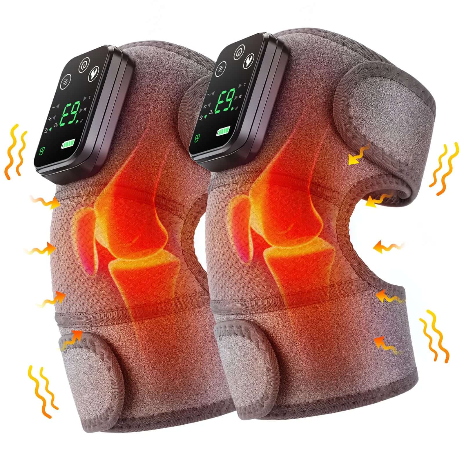 Electric heated vibration knee massage pad with digital display for pain relief and comfort.