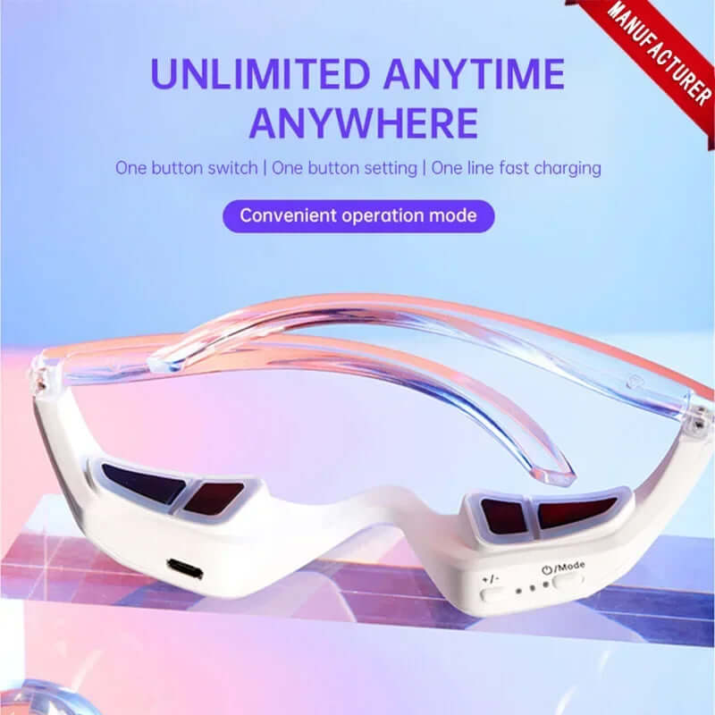Convenient 3D red light eye massager glasses with easy operation mode and fast charging capability.