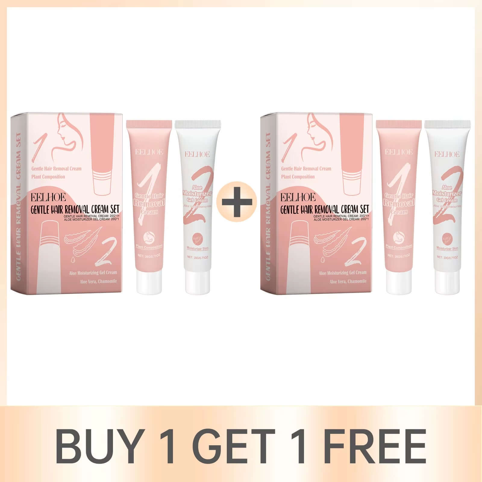 EELHOE Gentle Hair Removal Cream Set with Buy 1 Get 1 Free offer, designed for painless facial hair removal and skin soothing.