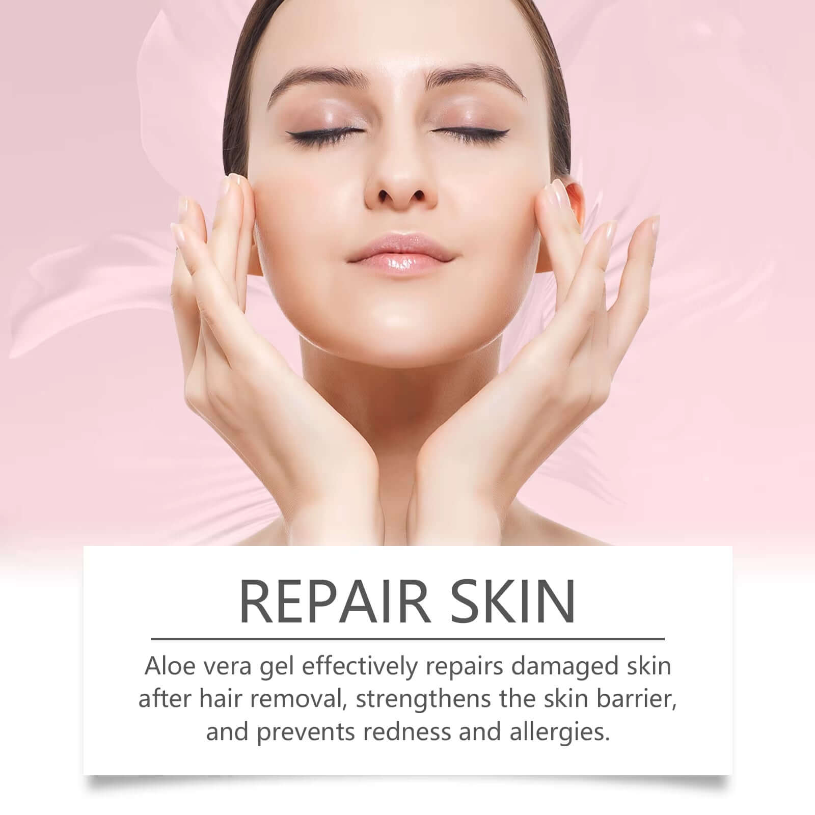 Woman with smooth skin applying aloe vera gel for skin repair after hair removal, promoting hydration and soothing.