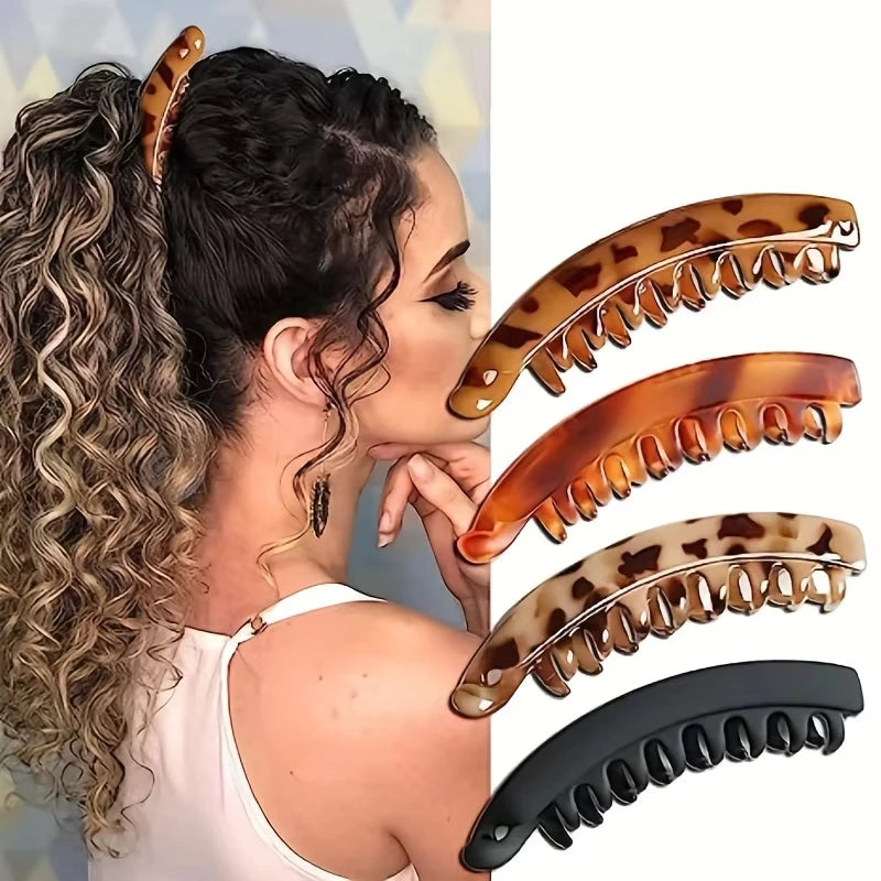 Matte banana hair clips in various colors for women, featuring a stylish ponytail headband design.