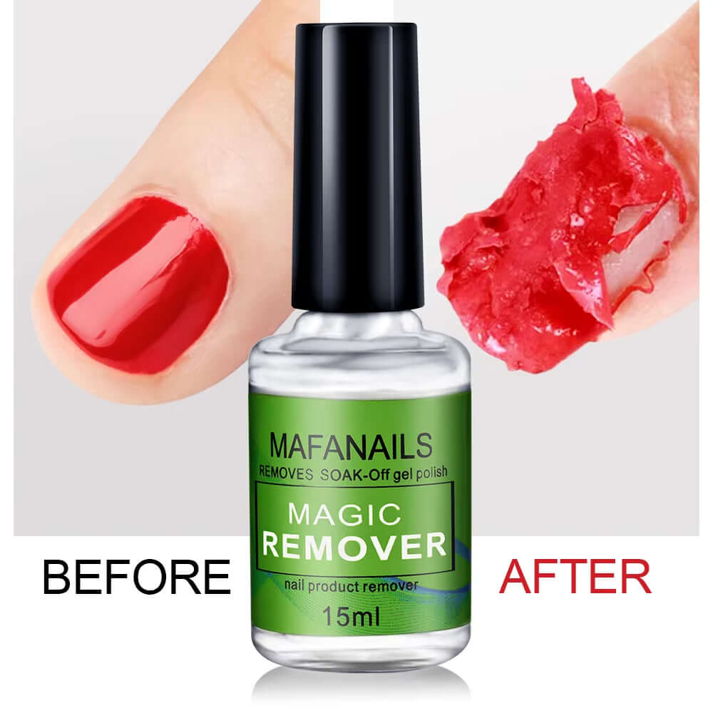 15ml nail gel remover shown before and after use, effectively removes gel polish in 3 minutes, professional and non-irritating.