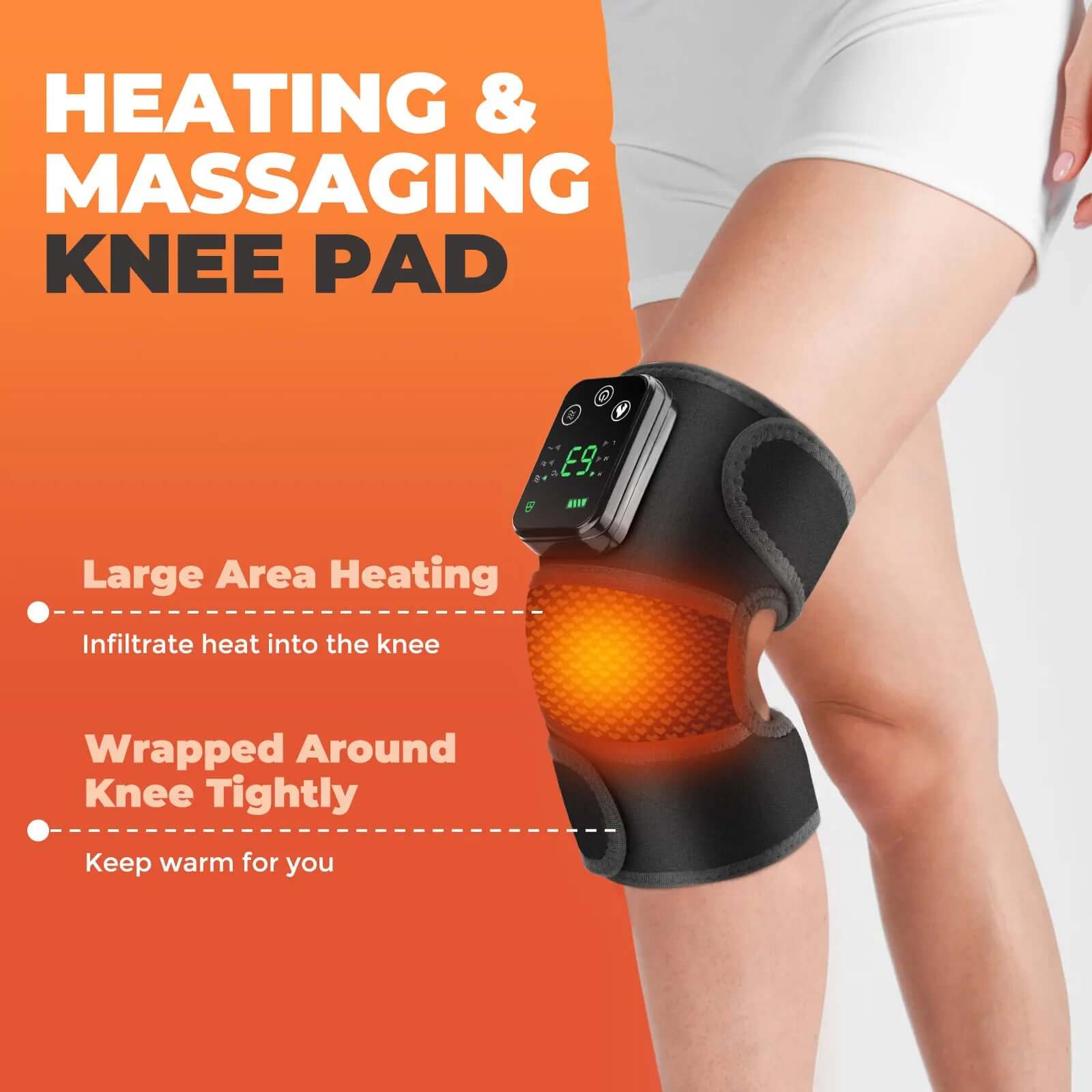 Heating and massaging knee pad with large area heating feature for pain relief and comfort.