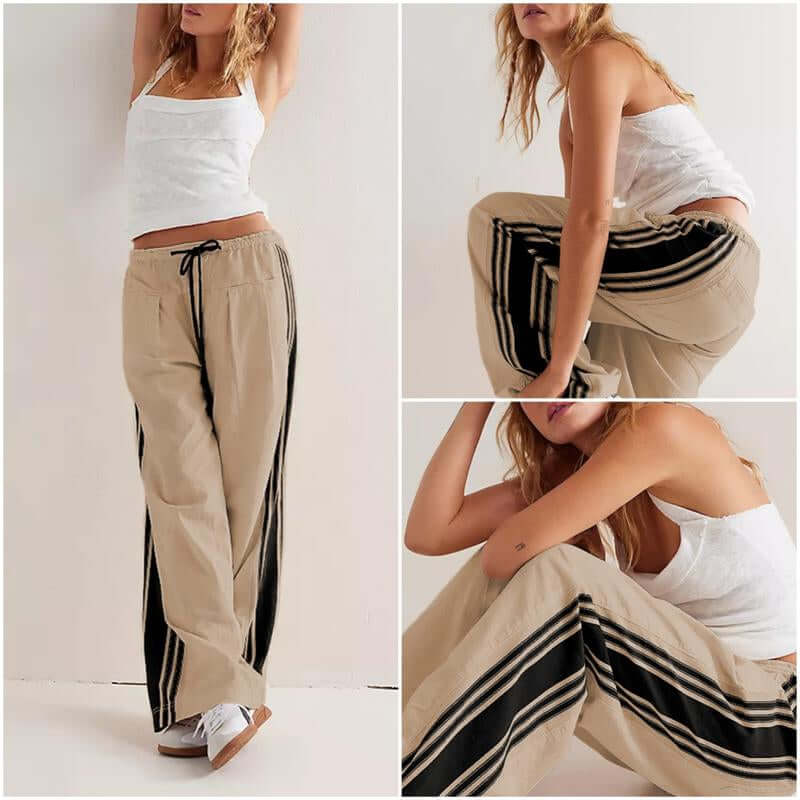 Yeokou Women'S Wide Leg Pants Drawstring High Rise Side Striped Slouchy Palazzo Pants with Pockets