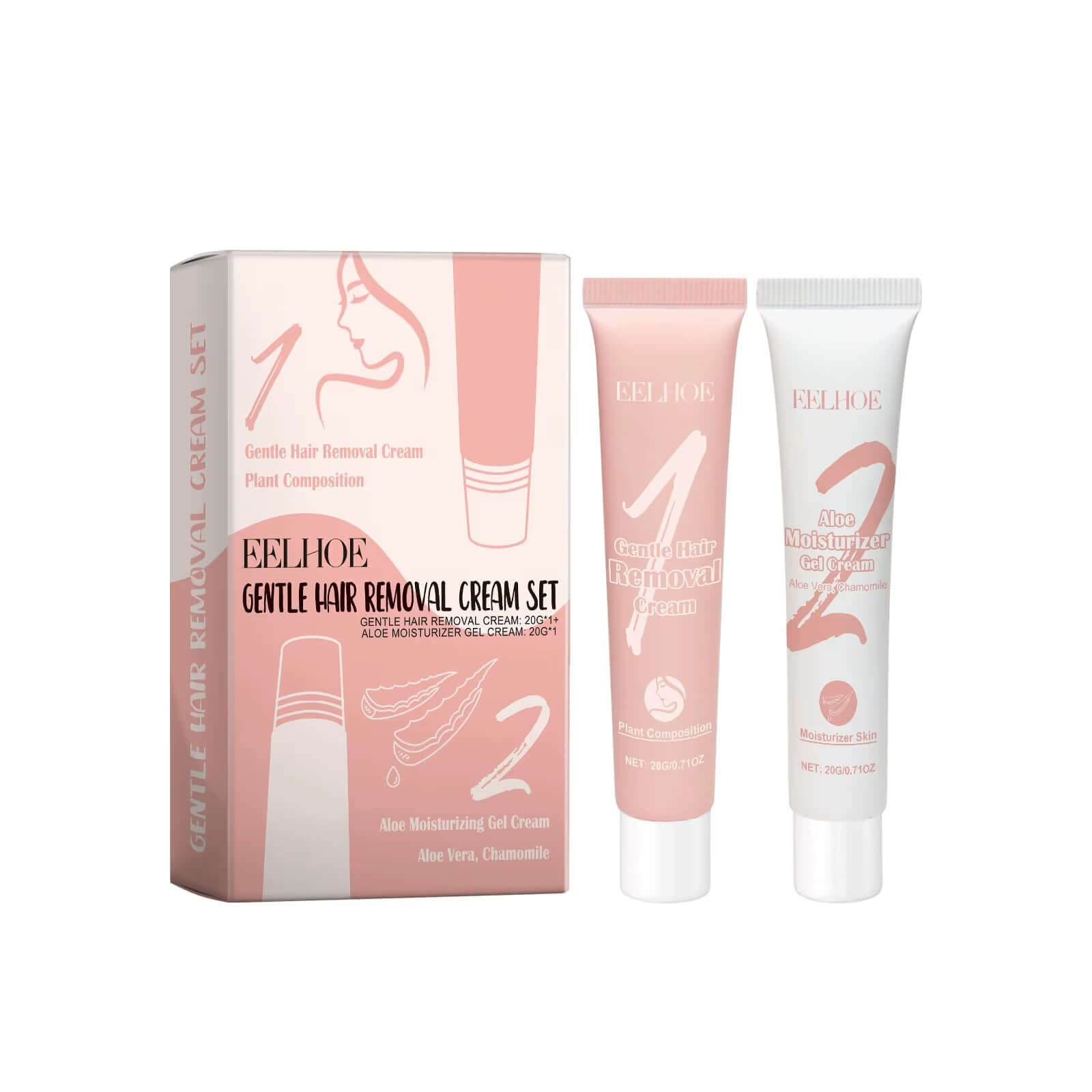 EELHOE Gentle Hair Removal Cream Set featuring soothing aloe gel for effective face hair removal and skin care.