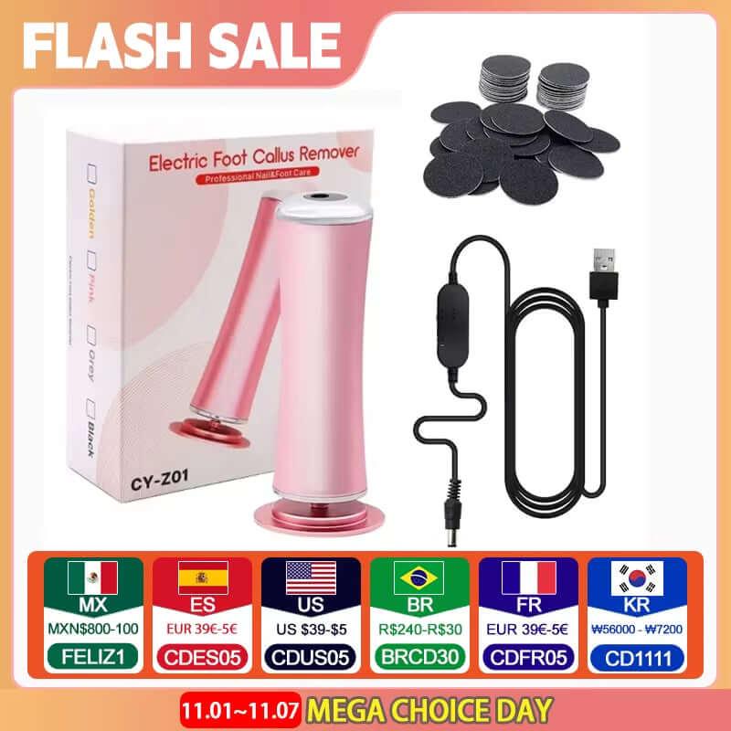 USB electric dead skin pedicure machine with foot polish rollers, pink design, ideal for exfoliating foot skin.