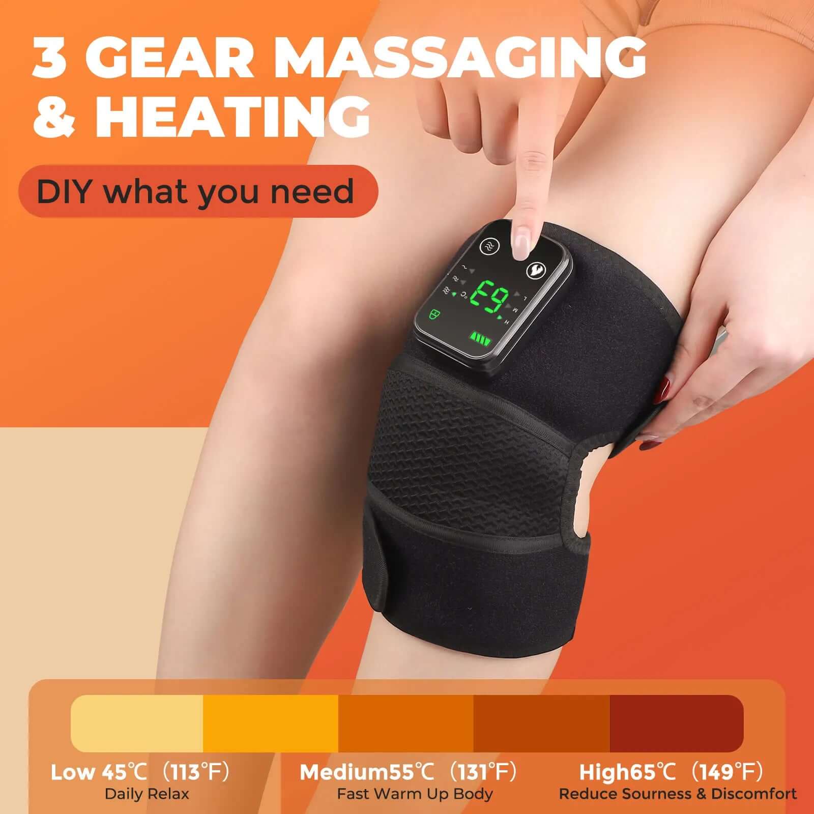 Electric heated knee massager with adjustable settings for pain relief, featuring a control panel for customized therapy.