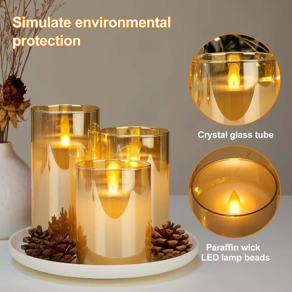 Warm yellow LED candles in crystal glass tubes, showcasing eco-friendly design and flame-like illumination for decor.