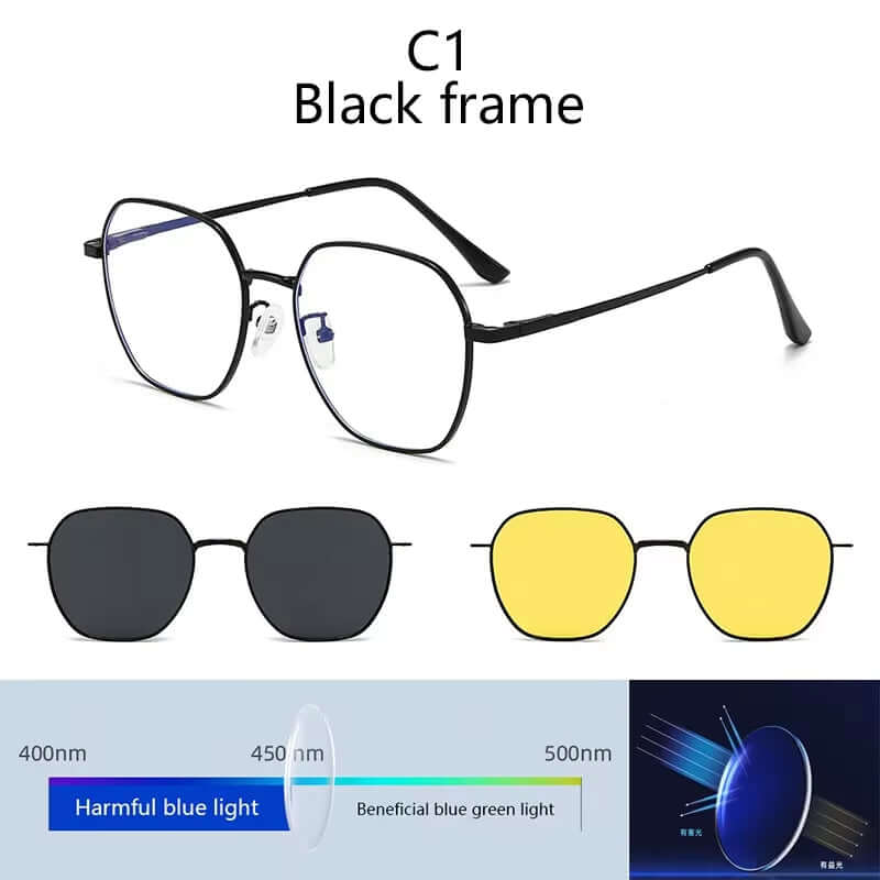 2024 Polarized Sunglasses Men Women 3 in 1 Magnetic Clip on Glasses Hexagon Alloy Frame Night Vision Anti-Blue Light Eyeglass