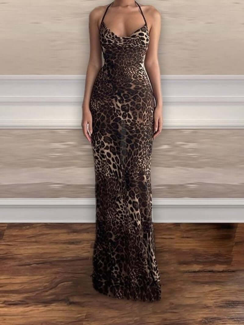 Women'S Leopard Print Backless Draped Halter Mermaid Dress, Sexy Fashion Sleeveless Tie Back Maxi Dress for Party Club Dating Wear, Women Dress for Summer, Elegant Dresses 2024, Birthday Dresses 2024, Dresses for Women