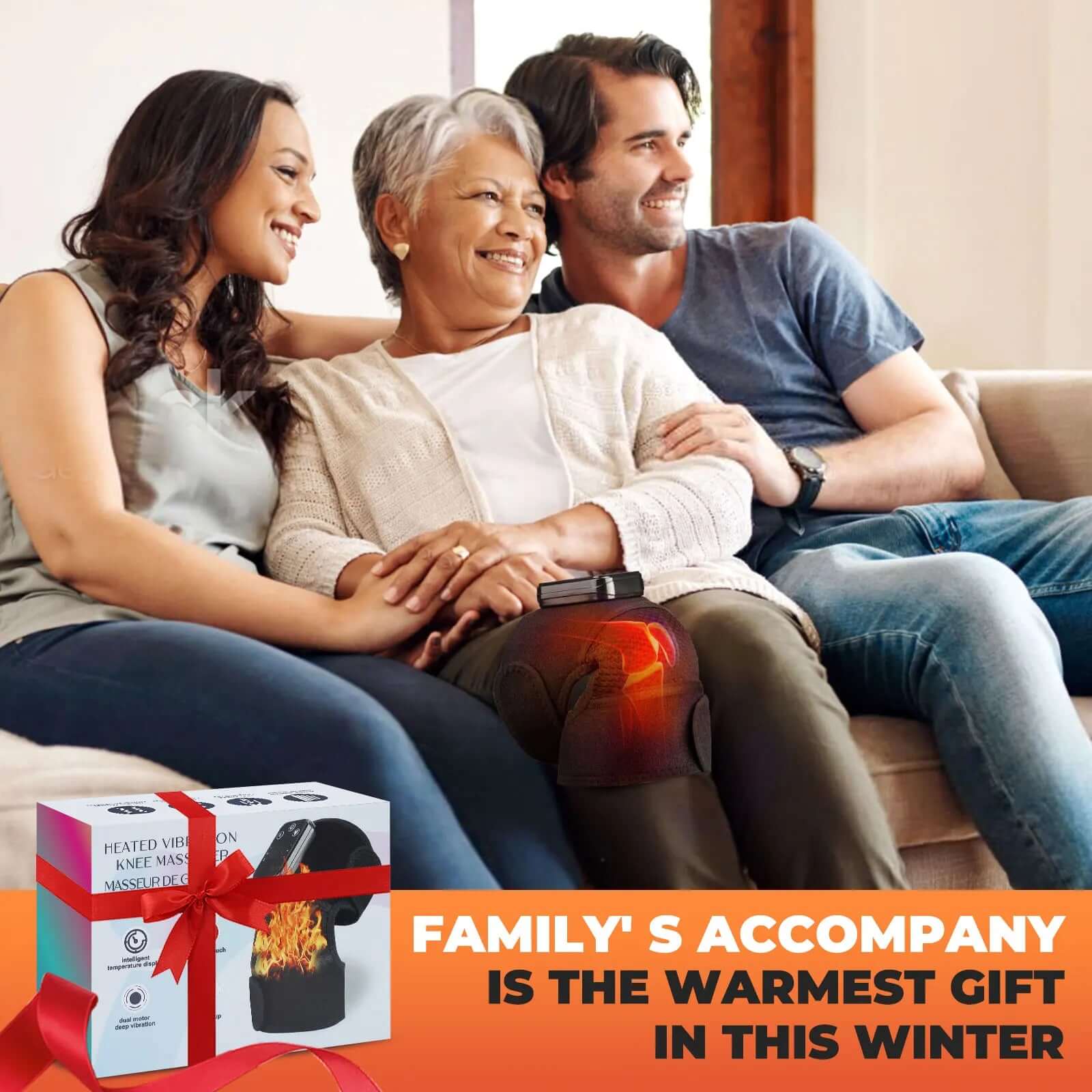 Family enjoying quality time with the Electric Heated Vibration Knee Massage Pad on a couch, promoting comfort and relaxation.