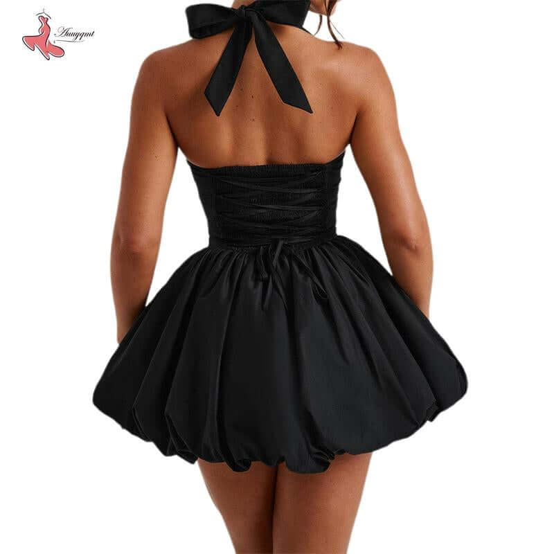 Back view of a women sleeveless halter bubble party dress with tie-up bow in black, ideal for summer streetwear.