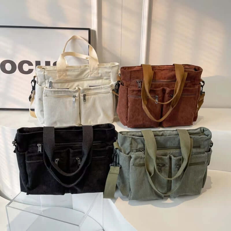 Stylish corduroy tote bags in four colors: white, brown, black, green, perfect for women's fashion and daily commuting.